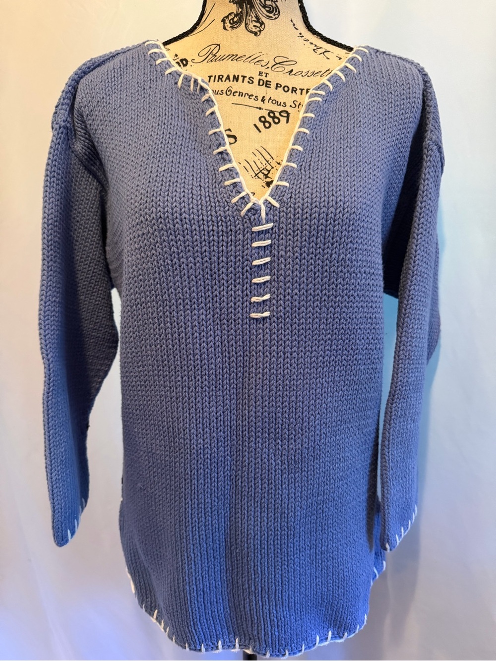 Women's Scoop Neck Knit Sweater - Periwinkle with Contrast Stitching